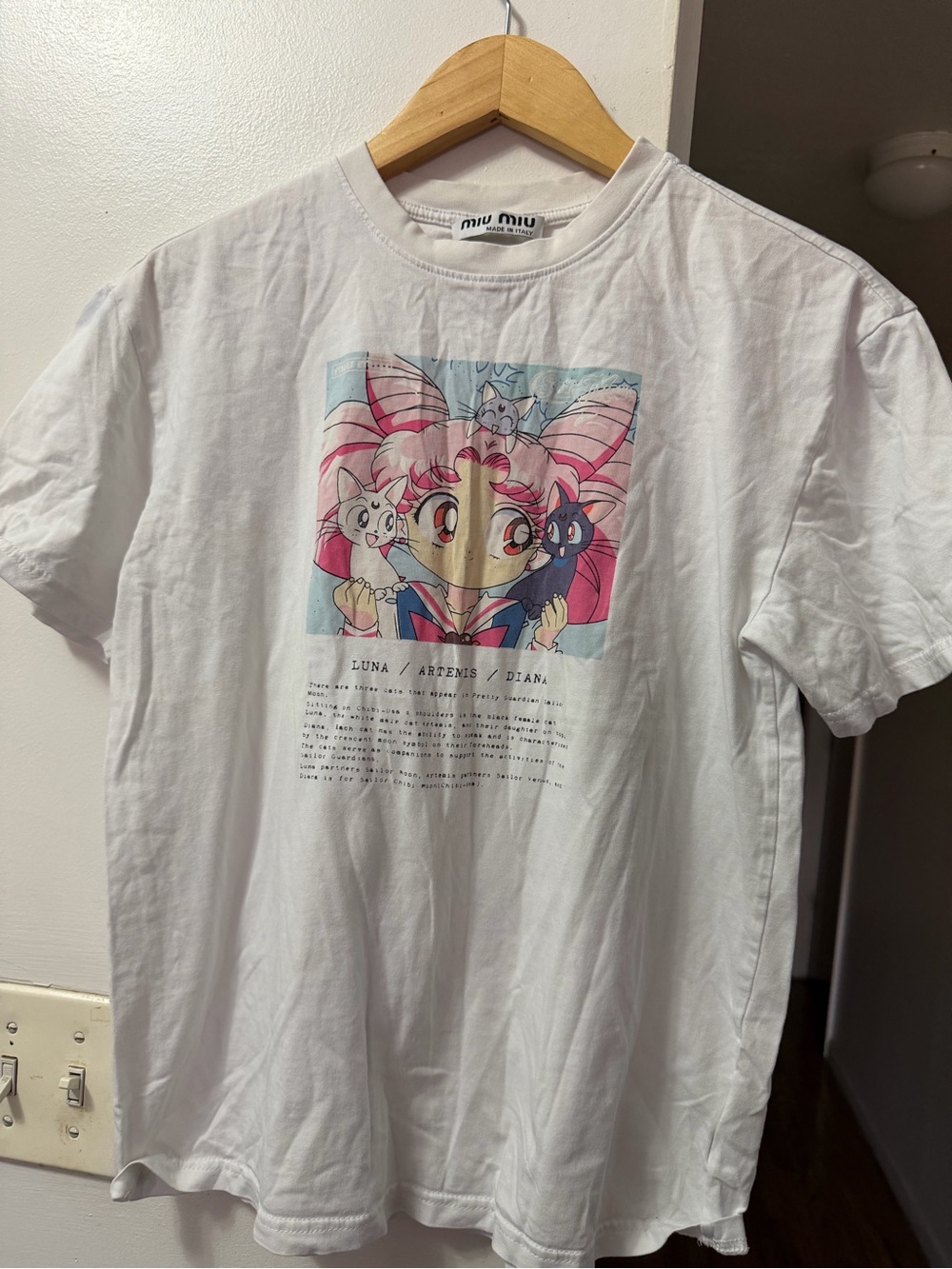 Miu Miu White Graphic Sailor Moon T-Shirt with Pink and Blue Print